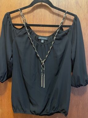 INC International Concepts Black Blouse with Gold Chain Detail